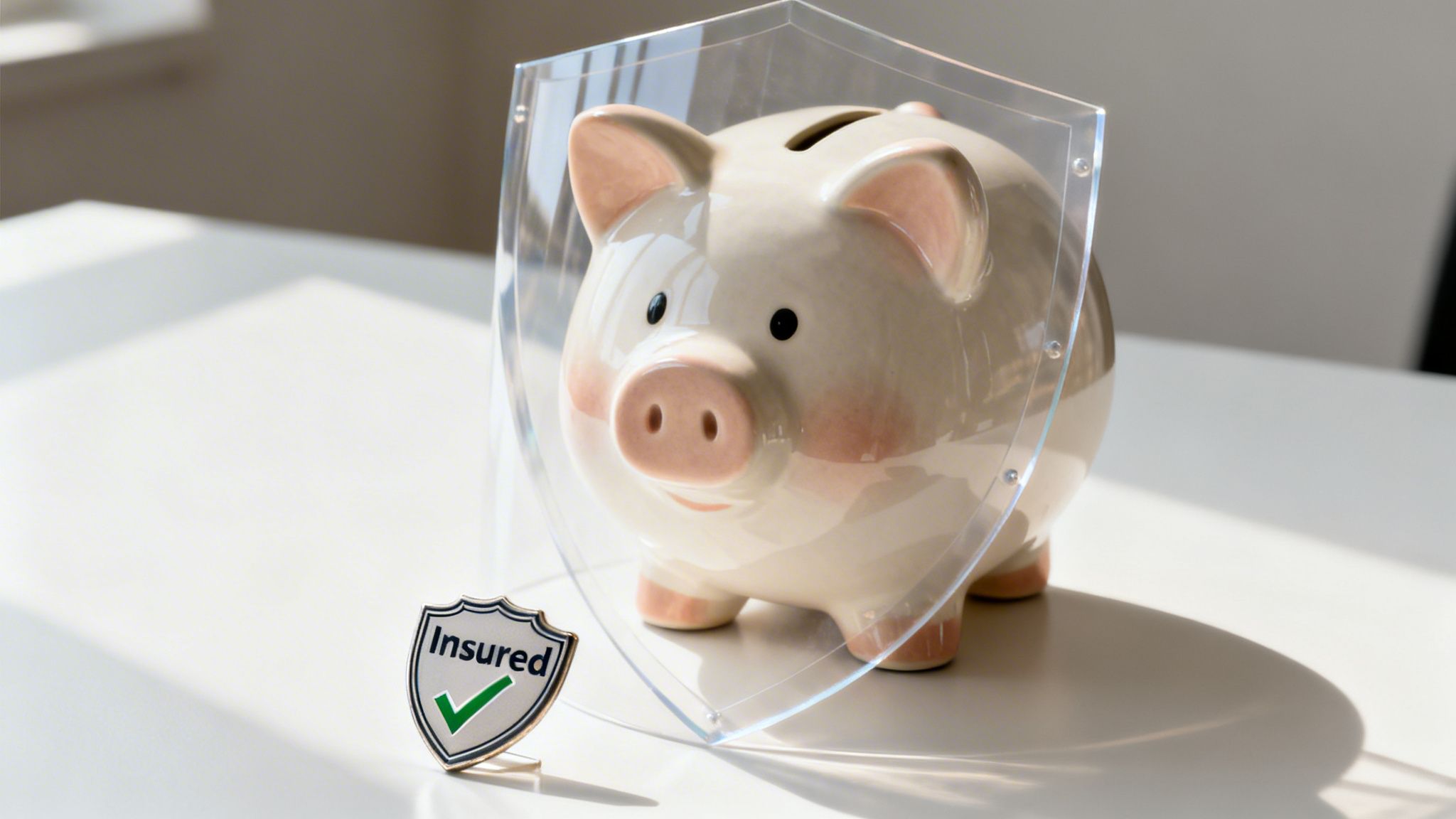 A piggy bank stands behind a transparent shield with an 'Insured' icon, symbolizing protected savings.