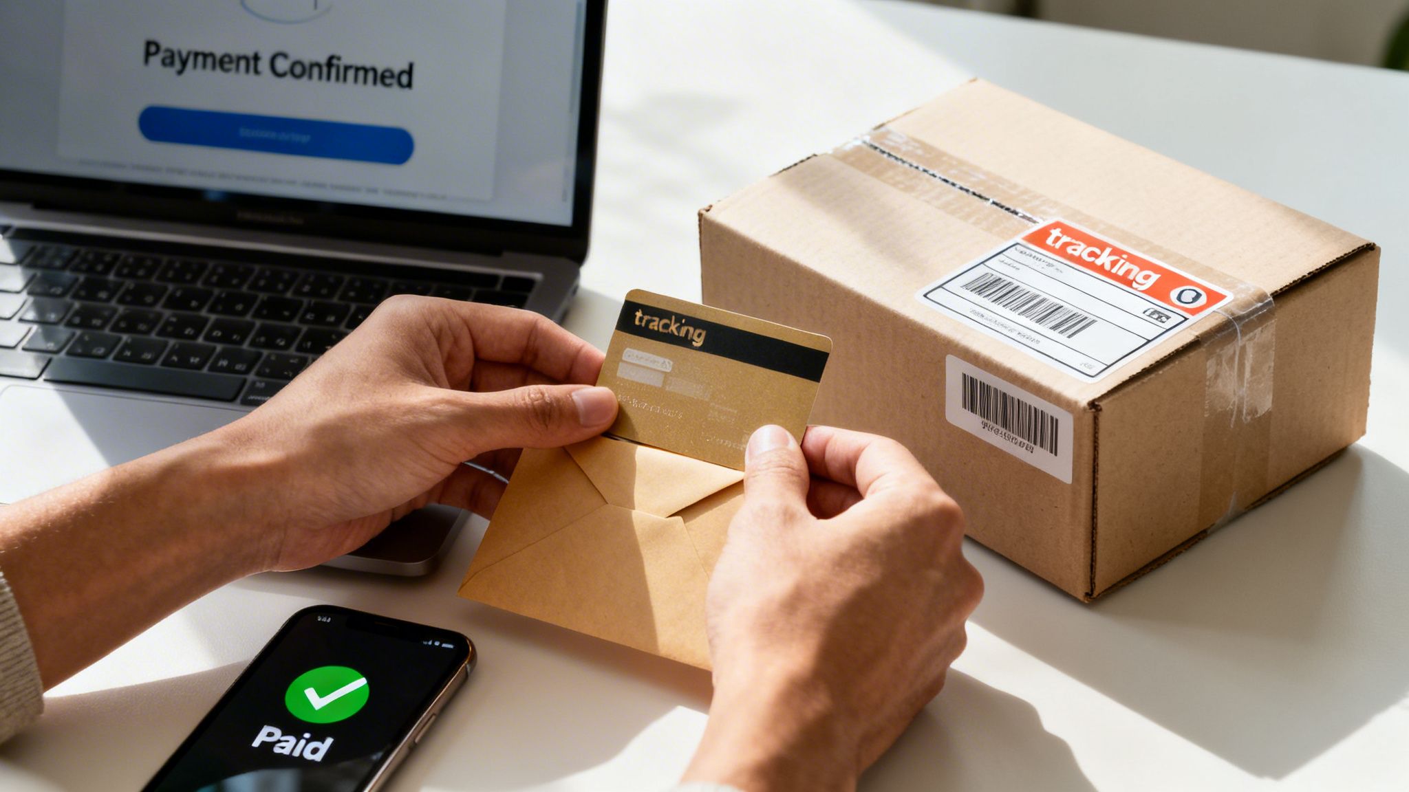 Person confirms an online payment on a laptop and smartphone, holding a tracking card and package.